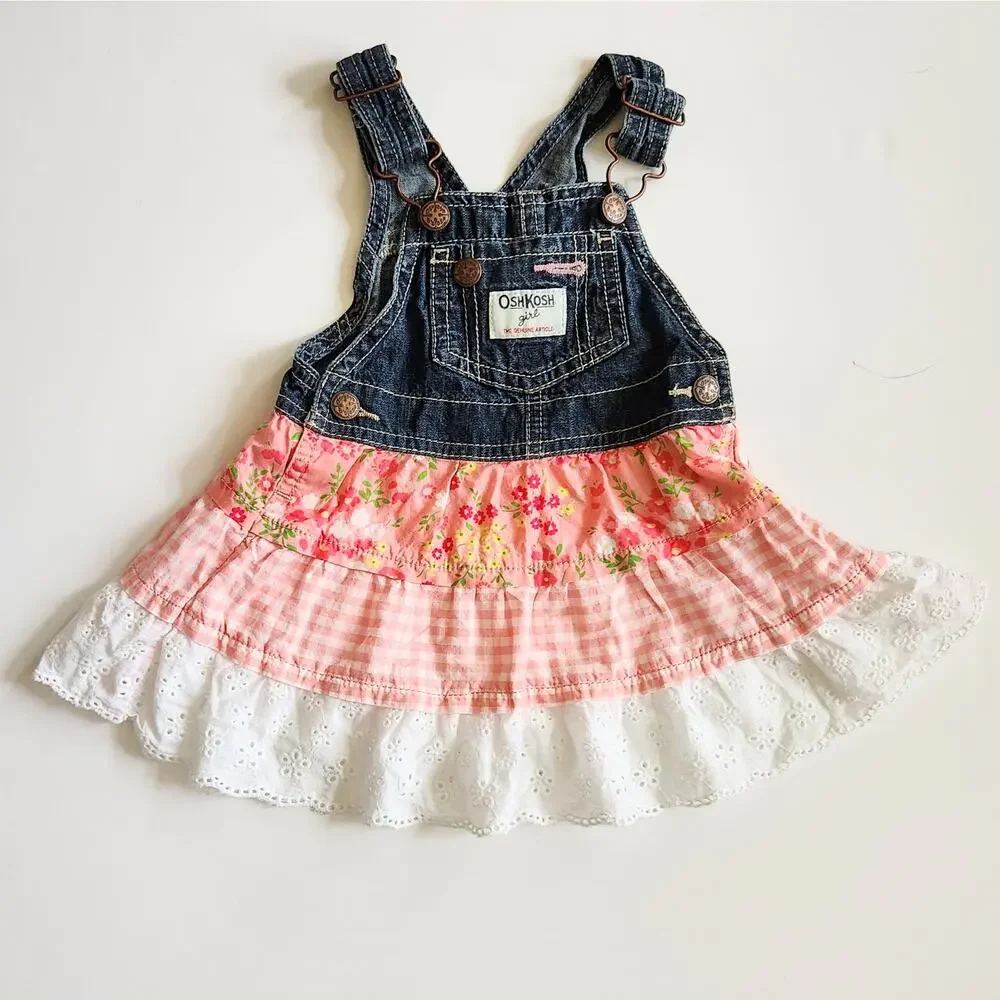 OshKosh B'Gosh Girl s Pink Floral Gingham Eyelet Skirted Overalls Size 12 mos